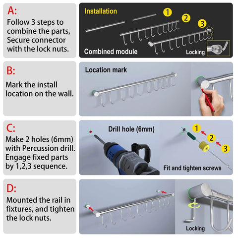 Installation steps for Kitchen Hanging Racks 304 Stainless Steel 20 Inch Rail Utensil Storage Hanger with 10 Pcs Noiseless Sliding Hooks
