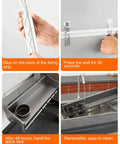 Image showing the installation process of a wall mounted kitchen rail with hooks, demonstrating glue application, wall pressing, and usage in a sink.