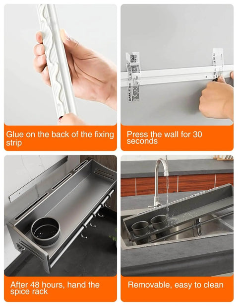 Image showing the installation process of a wall mounted kitchen rail with hooks, demonstrating glue application, wall pressing, and usage in a sink.