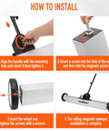 Seventeen Inch Rolling Magnetic Sweeper With Wheels And A Single Unit Adjustable Handle Eight Point Eight Pound Capacity Heavy Duty Magnet For Lifting Nails Screws Staples And Other Metal Debris From Floors Ideal For Construction Sites Garages And installation instructions diagram.