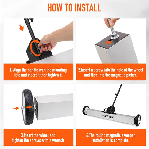 Seventeen Inch Rolling Magnetic Sweeper With Wheels And A Single Unit Adjustable Handle Eight Point Eight Pound Capacity Heavy Duty Magnet For Lifting Nails Screws Staples And Other Metal Debris From Floors Ideal For Construction Sites Garages And installation instructions diagram.