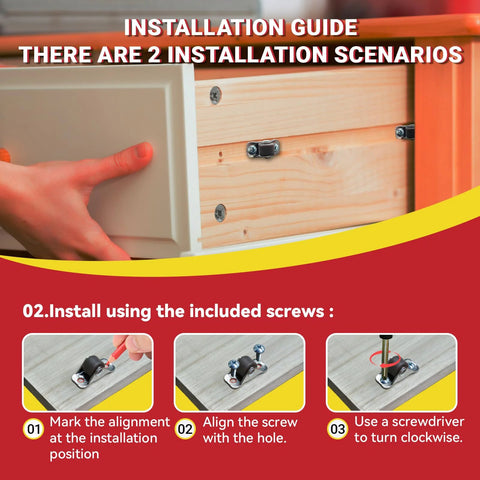 Guide showing installation steps for Eight Pcs Ultra Low Profile Half Inch Mini Rigid Caster Wheels on drawer using screws.