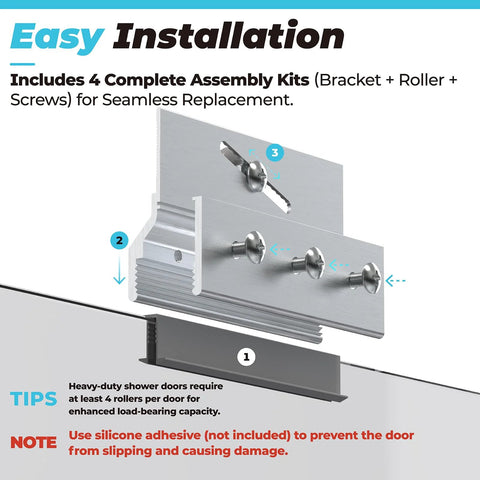 Frameless Shower Door Top Bracket Roller Assembly Set Four Replacement Wheels For Glass Up To One Quarter Inch With Ball Bearings illustration