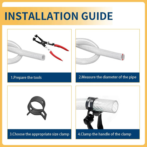 Installation guide for assorted spring hose clamps kit 6mm 7mm 9mm 10mm 11mm for automotive use, showing steps and tools.