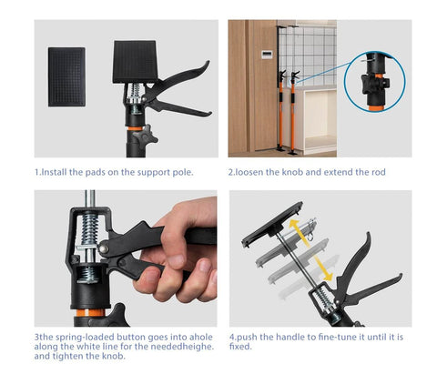 Installation steps for 4PK Support Pole, Steel Telescopic Adjustable 3rd Hand Support System, Supports up to 154 lbs, in cabinet jacks.