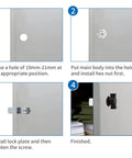 Installation steps for two thumb operated offset cam locks with black handles providing quick keyless security on a metal cabinet.