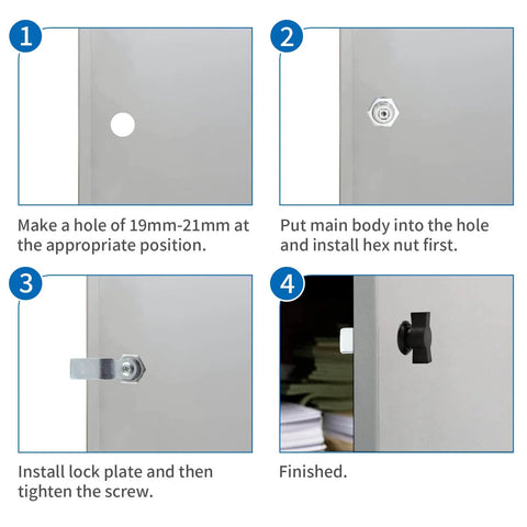 Installation steps for two thumb operated offset cam locks with black handles providing quick keyless security on a metal cabinet.