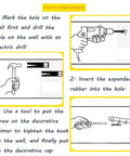 Step-by-step installation guide for Gourmet Kitchen Utensil Rack with 6 Hooks using drill and screws on wall.
