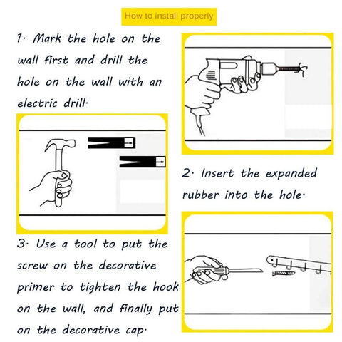 Step-by-step installation guide for Gourmet Kitchen Utensil Rack with 6 Hooks using drill and screws on wall.