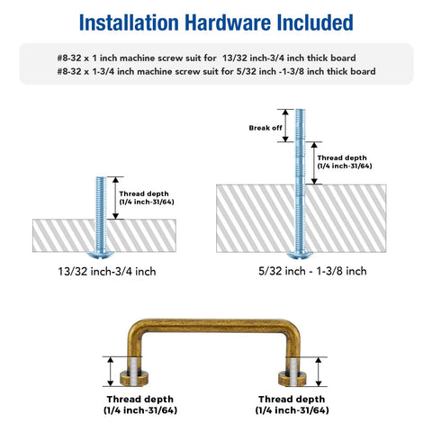 Antique Brass Cabinet Pulls 3 Inch Center 10 Pack installation hardware details with screw sizes and dimensions shown.
