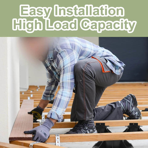 Person installing 10 Pack Adjustable Plastic Pedestal Pavers For Deck Leveling And Floor Support, height adjustable stands visible