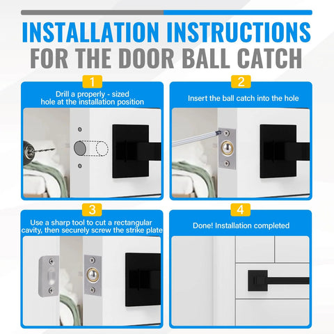 Installation instructions for 4 Piece Ball Catch Set For Top Of Door And Closet Doors With Extra Long Screws And Magnetic Latch shown in four steps.