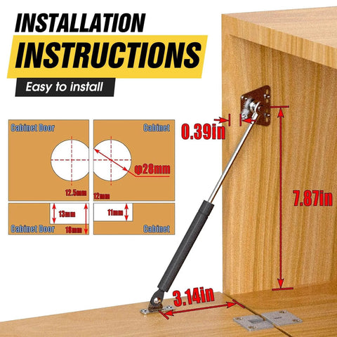 Installation guide for Drop Down Gas Struts, Gas Spring Hinge with 90 Degree Page Turning Axis on wood cabinet frame.