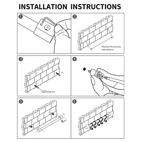 Installation instructions for the Kitchen Rail with Hooks, Pan and Pot Hangers for Kitchen Wall Mount, showing step-by-step setup.