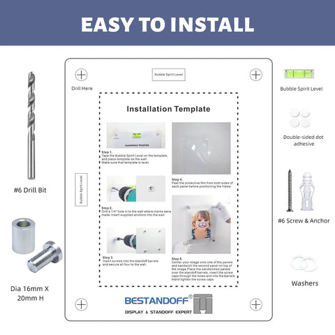 Installation guide for a crystal-clear floating picture frame with diamond-polished acrylic edges and durable silver aluminum standoffs.