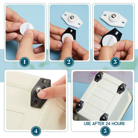 Installation steps of Eight Pcs Self Adhesive Mini Caster Wheels With 360 Degree Swivel And Ball Bearings for storage bin.