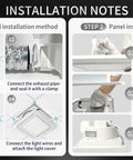Bathroom Exhaust Fan With Light And LED Panel, 11.8 Inch Square, 120 CFM, low noise instructions showing installation steps