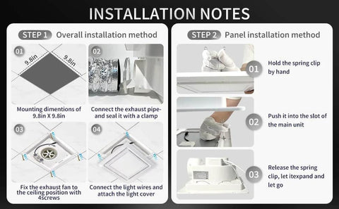 Bathroom Exhaust Fan With Light And LED Panel, 11.8 Inch Square, 120 CFM, low noise instructions showing installation steps