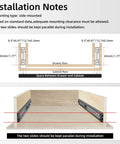 Installation notes for 1 Pair Full Extension Ball Bearing Drawer Slides 8 10 12 14 16 18 20 22 24 Inch 100 LB Load Capacity Side Mount File Cabinet Rails Dresser Metal Runner Trash Can Kitchen - diagram showing side mount setup and spacing.