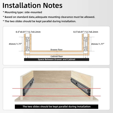 Installation notes for 1 Pair Full Extension Ball Bearing Drawer Slides 8 10 12 14 16 18 20 22 24 Inch 100 LB Load Capacity Side Mount File Cabinet Rails Dresser Metal Runner Trash Can Kitchen - diagram showing side mount setup and spacing.