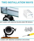Installation methods for 1.5 Inch Rubber Caster Wheels Top Plate For Moving Drawer Cabinet Table Cart With 360 Degree Rotation And 132 Lbs Load Capacity Set Of 4 Furniture Casters Safe Floor Glide On Wood Hardwood Laminate Tile Vinyl Carpet using screws and 3M stickers.