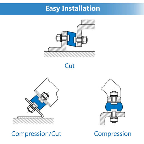 Diagram showing installation methods for 8 Piece M10 Rubber Isolation Mounts 40x30mm Double Studs Anti Vibration Shock Absorber Mounts.