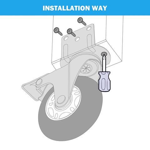 Installation view of Side Mount Casters Set Of 4 With Brake, 3 Inch L Shaped Plate Casters For Furniture, using screws and screwdriver.