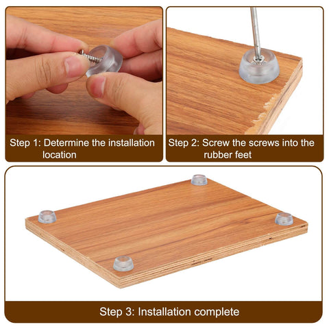 Installation of 20 Pack No Slip Rubber Feet Bumpers For Cutting Boards And Furniture; clear silicone caps with stainless screws on wood