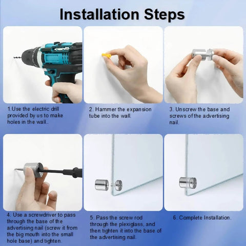 Installation steps for 24 Pcs 1 Inch By 1 Inch Standoff Screws For Acrylic And Glass Sign Mounting; tools and procedures shown.