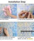 Installation steps for Adhesive Wall Hooks Rack Kitchen Rail, showing cleaning, peeling, pressing, and mounting on tiled wall.
