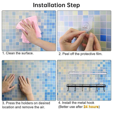 Installation steps for Adhesive Wall Hooks Rack Kitchen Rail, showing cleaning, peeling, pressing, and mounting on tiled wall.