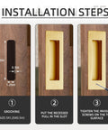Installation steps for 6 Inch Recessed Flush Finger Pull Handles For Pocket Doors And Sliding Doors Closet And Barn Doors Hardware In Brushed Gold Finish 2 Pack Made From 304 Stainless Steel Moisture Proof And Rust Resistant Heavy Duty Construction For Durable Long Lasting Use shown in three panels.
