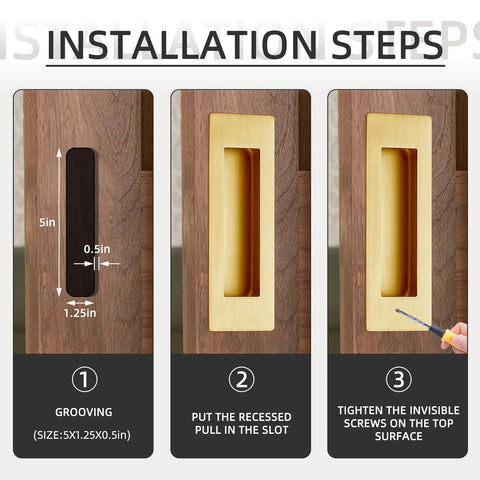 Installation steps for 6 Inch Recessed Flush Finger Pull Handles For Pocket Doors And Sliding Doors Closet And Barn Doors Hardware In Brushed Gold Finish 2 Pack Made From 304 Stainless Steel Moisture Proof And Rust Resistant Heavy Duty Construction For Durable Long Lasting Use shown in three panels.