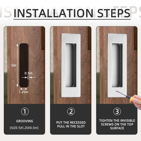 Installation steps for 6 Inch Recessed Finger Flush Pulls For Pocket Doors Sliding Doors Closets And Barn Doors Hardware In Brushed Nickel Silver Made From 304 Stainless Steel With Moisture Proof And Rust Resistant Construction, Wear Resistant, Heavy Duty And Durable, 2 Pack.