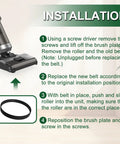 Installation instructions for replacement vacuum belts, showing a vacuum and belt, focusing on restoring strong suction and peak cleaning.