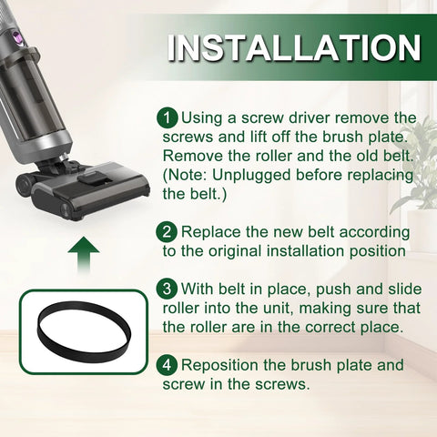 Installation instructions for replacement vacuum belts, showing a vacuum and belt, focusing on restoring strong suction and peak cleaning.