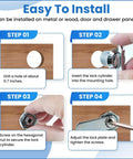 Installation guide showing steps to install a Thumb Operated Offset Cam Lock Five Eighth Inch Keyless Compartment Replacement Lock on wood