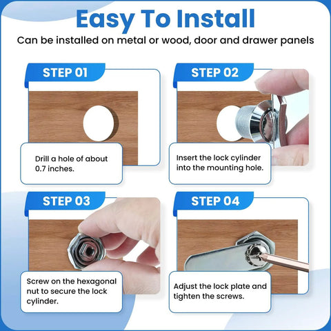 Installation guide showing steps to install a Thumb Operated Offset Cam Lock Five Eighth Inch Keyless Compartment Replacement Lock on wood