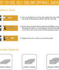 Installation steps for #8 Zinc Self-Drilling Drywall Anchors and Screws Kit, applicable materials shown for gypsum wallboard use.