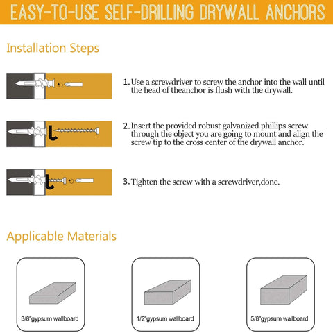 Installation steps for #8 Zinc Self-Drilling Drywall Anchors and Screws Kit, applicable materials shown for gypsum wallboard use.