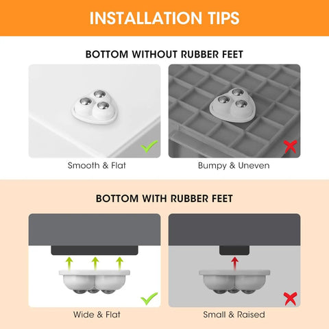Installation tips for 8-Pack Self Adhesive Caster Wheels on smooth flat surfaces without rubber feet