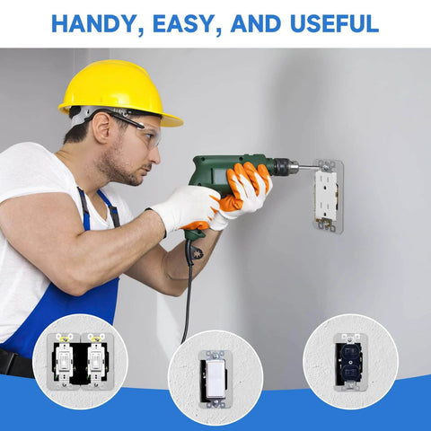 Worker using drill to install 10 Pcs Wall Plate Spacer, Spacers for Electrical Outlets, Metal Flush Fit Device Leveling Plates for repair