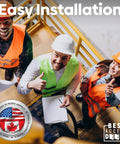 Three construction workers in safety gear reviewing plans, showing thumbs up, text 'Easy Installation', Best Access Doors logo visible.