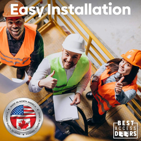 Three construction workers in safety gear reviewing plans, showing thumbs up, text 'Easy Installation', Best Access Doors logo visible.