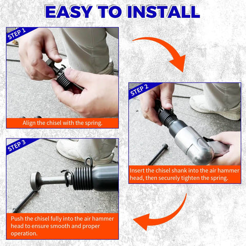 Step-by-step installation of 5 Piece Smoothing Air Hammer Tool Kit With Pneumatic Chisel Bits And Spring Attachments