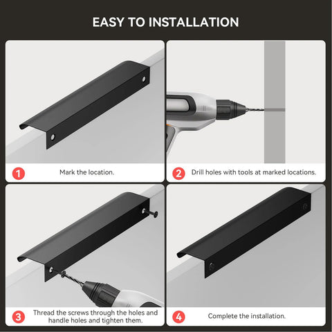Installation steps for 10 Pack 5 Inch Black Cabinet Pulls Edge Finger Pulls for Cabinets and Dresser Drawers.