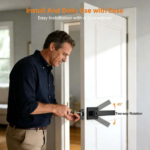 Man installing Heavy Duty Matte Black Interior Door Handles Kit 5 Pack Reversible Lever Knobs With Keyed Alike Locks For Bedroom