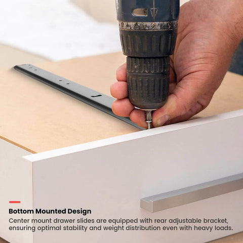 Installation of homdiy 5 Pack 14 Inch Heavy Duty Center Mount Drawer Slides for Cabinet and Dresser Bottom Mount Drawer Rails 3/4 Extension Glide Track