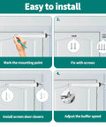 Instruction diagram showing installation steps for Screen and Storm Door Closer Kit, Heavy Duty Pneumatic Screen and Storm Door Closer, Screen and Storm Door Push Button Latch Set Replacement Kit, Adjust Smooth Closing Speed (White).