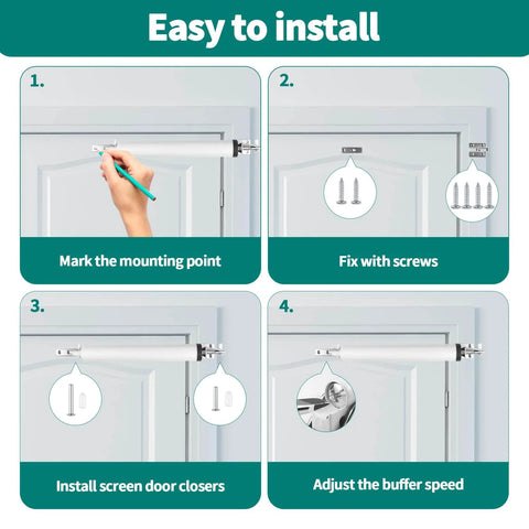 Instruction diagram showing installation steps for Screen and Storm Door Closer Kit, Heavy Duty Pneumatic Screen and Storm Door Closer, Screen and Storm Door Push Button Latch Set Replacement Kit, Adjust Smooth Closing Speed (White).